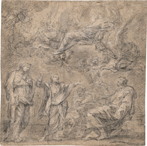 Lot 6646, Auction  121, Italienisch, 17. Jh. Biblische Szene mit Christus, dozierend, in den Wolken Gottvater und Engel