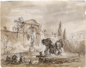 Los 6690 - Robert, Hubert - Zwei Wäscherinnen an einem Tritonenbrunnen auf einem Platz mit Jupiterstatue und weiteren antiken Skulpturen - 0 - thumb