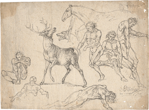 Lot 6700, Auction  121, Winter, Joseph Georg, Studienblatt mit männlichen Akten, einem Hirsch, einem Jagdhund und einem Pferd