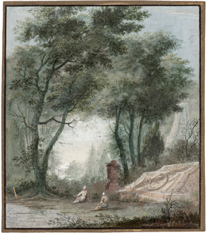 Lot 6709, Auction  121, Rademaker, Abraham, Klassische Landschaft mit zwei Figuren an einem Grabmonument