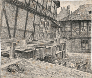 Lot 6859, Auction  121, Müller, Richard, Fachwerkhäuser in Werningerode mit Katze und Hühnern, im Hintergrund die markanten Rathaustürme