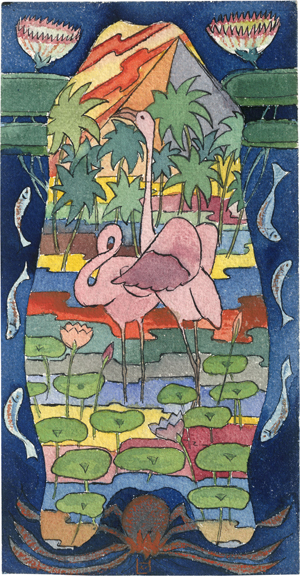 Lot 6870, Auction  121, Hofmann, Ludwig von, Flamingos im Seerosenteich vor einer Pyramide, gerahmt von Fischen, zwei großen Lotosblüten und einer Spinne