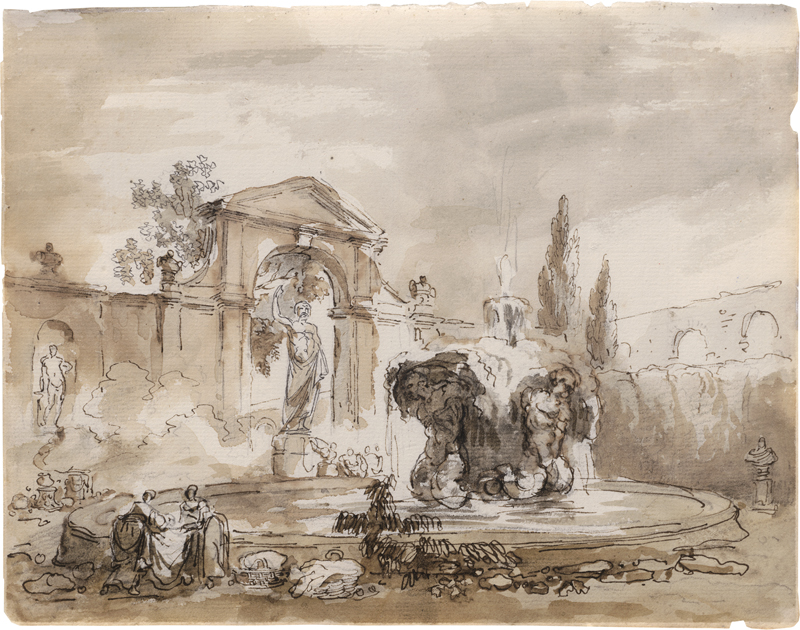 Lot 6690, Auction  121, Robert, Hubert, Zwei Wäscherinnen an einem Tritonenbrunnen auf einem Platz mit Jupiterstatue und weiteren antiken Skulpturen