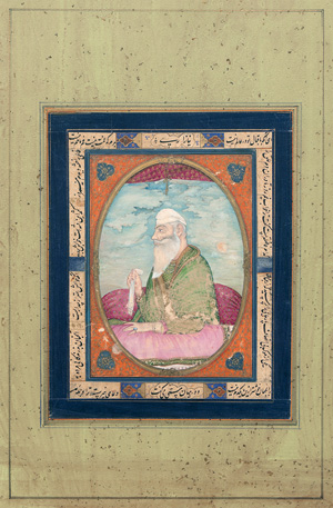 Lot 432, Auction  122, Guru Nanak, Guru Nanak Dev als Philosoph im Profil. Deckfarbenmalerei in Gold und Farben, 