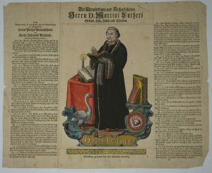 Los 1044 - Des Ehrwürdigen und Hochgelahrten Herrn D. Martini Lutheri Geburt, Lehr, Leben und Sterben - Typographischer Einblattdruck mit gestochenem koloriertem Lutherportrait - 1 - thumb