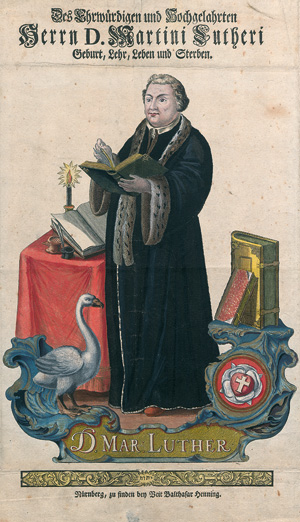 Lot 1044, Auction  122, Des Ehrwürdigen und Hochgelahrten Herrn D. Martini Lutheri Geburt, Lehr, Leben und Sterben, Typographischer Einblattdruck mit gestochenem koloriertem Lutherportrait