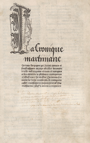 Lot 1502, Auction  122, Tropau, Martin von, La Cronique martiniane De tous les papes qui furent iamais et finist iusques au pape alexa(n)dre (VI)