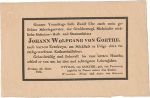 Lot 2316, Auction  122, Goethe, Ottilie von, Goethes Todesanzeige