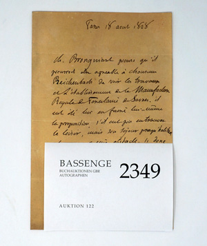 Lot 2349, Auction  122, Brongniart, Alexandre, Brief an Reichenbach