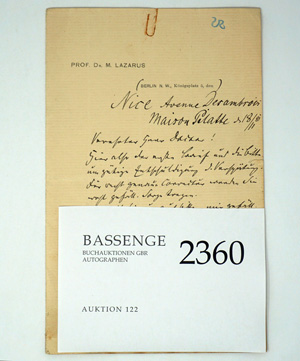 Lot 2360, Auction  122, Lazarus, Moritz, Brief 1881