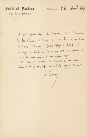 Lot 2367, Auction  122, Pasteur, Louis, Brief 1890