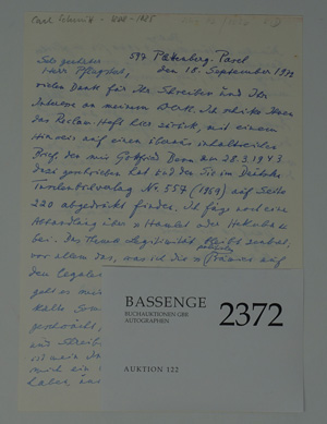 Lot 2372, Auction  122, Schmitt, Carl, Brief 1972