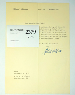 Los 2379 - Adenauer, Konrad - Brief + Beigabe Theodor Heuss - 0 - thumb