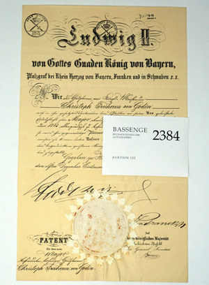 Lot 2384, Auction  122, Ludwig II., König von Bayern, Urkunde 1872