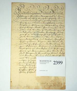 Lot 2399, Auction  122, Friedrich Wilhelm I., König von Preußen, Brief 1730 an den Bischof von Bamberg