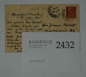 Lot 2432, Auction  122, Feininger, Lyonel, Postkarte 1931