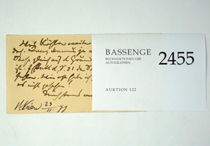 Lot 2455, Auction  122, Brahms, Johannes, Billet Wien 1879