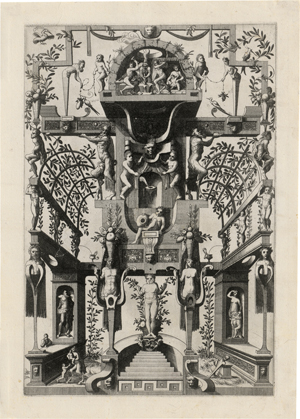Los 5096 - Floris II., Cornelis - nach - Groteskenornament mit flankierdender Pergola, oben mit der Schmiede des Vulkans - 0 - thumb