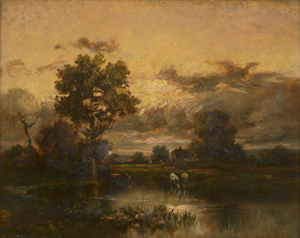 Lot 6106, Auction  122, Dupré, Jules, Abendliche Landschaft mit Kühen an einem Weiher