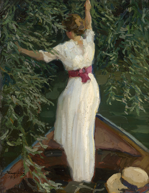 Lot 6136, Auction  122, Hempfing, Wilhelm, Junge Frau in einem Sommerkleid in einem Ruderboot am Seeufer mit Hängeweiden