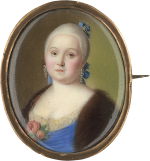 Lot 6448, Auction  122, Russisch, um 1760. Miniatur Portrait einer jungen Frau in blauem Kleid mit braunem Pelz