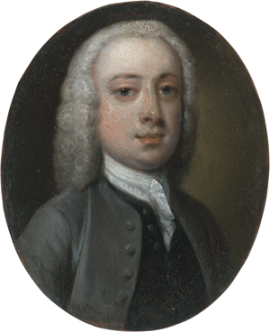 Lot 6454, Auction  122, Britisch, um 1750. Miniatur Portrait eines jungen Mannes in hellgrauer Jacke mit schwarzer Weste
