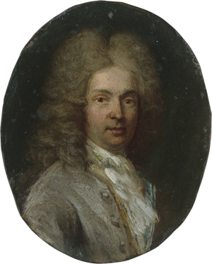 Lot 6455, Auction  122, Französisch, um 1710. Miniatur Portrait eines Mannes mit Allongeperücke, in hellgrauer Jacke