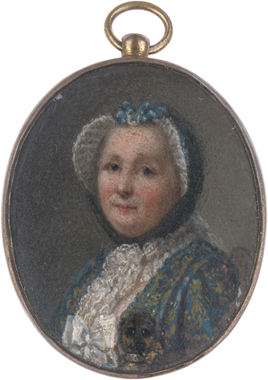 Lot 6461, Auction  122, Britisch, um 1760. Miniatur Portrait einer Frau mit braunem Mops und weißer Spitzenhaube