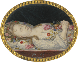Lot 6466, Auction  122, Deutsch, 1713. Miniatur Portrait eines aufgebahrten toten Mädchens mit Blumen