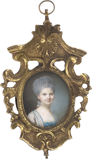 Lot 6468, Auction  122, Mussard, Robert, Miniatur Portrait einer jungen Frau mit Perlenhalsband und blauer Schleife