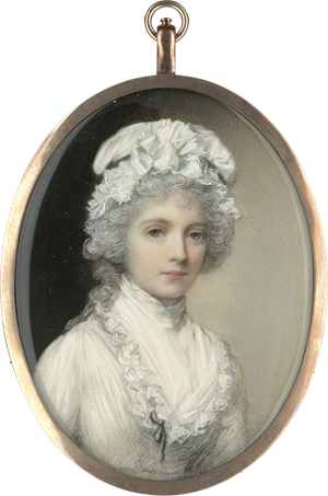 Lot 6488, Auction  122, Engleheart, George - In der Art, Miniatur Portrait einer jungen Frau in weißem Kleid mit Rüschenhaube im Haar