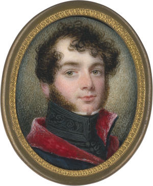 Lot 6490, Auction  122, Stump, Samuel John, Miniatur Portrait eines jungen Mannes in rot gefüttertem, blauem Umhang