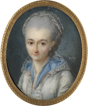 Lot 6498, Auction  122, Balay, Johann Jakob Frantz, Miniatur Portrait einer jungen Frau in hellblau gefüttertem, weißem Kleid