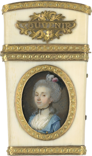 Lot 6499, Auction  122, Französisch, um 1785/1790. Miniatur Portrait einer jungen Frau in Blau, auf Elfenbein Étui-à-tablettes