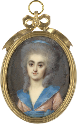 Lot 6501, Auction  122, Sicardi, Louis Marie, Miniatur Portrait einer jungen Frau in lachsfarbigem Kleid mit blauem Kragen
