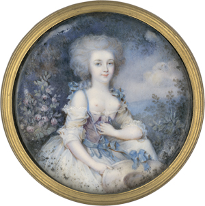 Lot 6503, Auction  122, Chalot, Nicolas-Ambroise - nach, Dose mit Miniatur Portrait einer barbusigen jungen Frau mit Hut in rechter Hand, in Landschaft sitzend