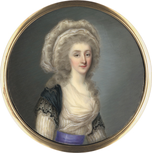 Lot 6504, Auction  122, Französisch, um 1785/1790. Miniatur Portrait einer jungen Frau in weißem Kleid mit schwarzer Spitzenstola