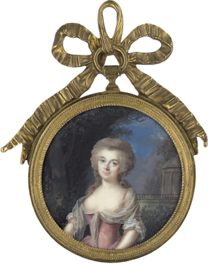 Lot 6506, Auction  122, Périn-Salbreux, Louis-Lié, Miniatur Portrait einer jungen Frau vor Parkhintergrund mit Tempel