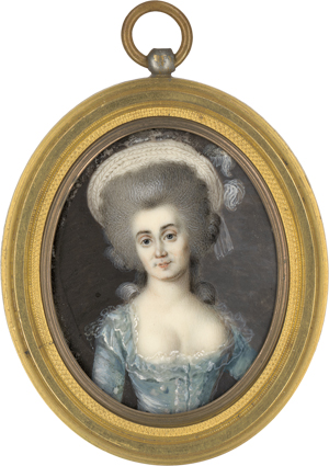 Lot 6508, Auction  122, Französisch, um 1780/1785. Miniatur Portrait einer jungen Frau in hellblauem Kleid mit weißem Federhut