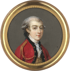 Lot 6510, Auction  122, Französisch, wohl um 1785. Miniatur Portrait eines jungen Offiziers in blaugeränderter roter Jacke 