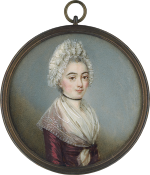 Lot 6512, Auction  122, Soyer, Jean-Baptiste, Miniatur Portrait einer jungen Frau in bordeaux-rotem Satinkleid