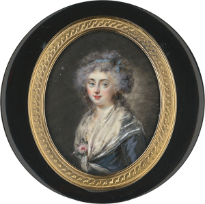 Lot 6513, Auction  122, Heinsius, Johann Julius - Umkreis, Miniatur Portrait einer jungen Frau in blauem Kleid mit Rose, auf Dose