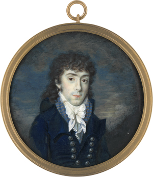 Lot 6517, Auction  122, Châteaubourg, Emmanuel de La Celle Chevalier de, Miniatur Portrait eines jungen Mannes mit langem, schwarzem Lockenhaar