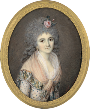 Lot 6518, Auction  122, Abel, Louis, Miniatur Portrait einer jungen Frau mit Rose im gepuderten Haar