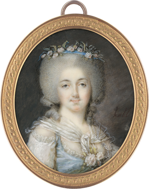Lot 6520, Auction  122, Hénard, Charles, Miniatur Portrait einer jungen Frau mit Rosen im gepuderten Haar