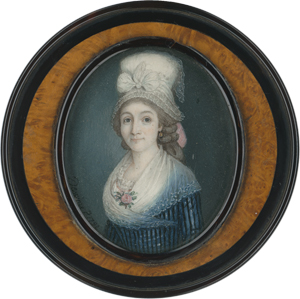 Lot 6528, Auction  122, Dewime, Paul, Miniatur Portrait einer jungen Frau mit weißer Haube, in gestreiftem Kleid