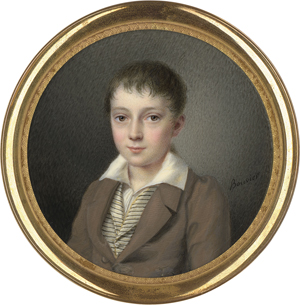 Lot 6545, Auction  122, Bouvier, Miniatur Portrait eines kleinen Jungen in beiger Jacke mit gestreifter Weste