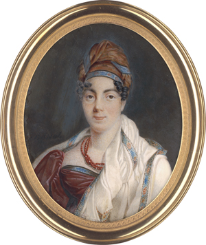Lot 6549, Auction  122, Busset, Madame G., Miniatur Portrait einer jungen Frau mit orangem Turban und weißem Schal
