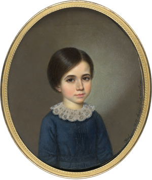 Lot 6550, Auction  122, Chabanne, Flavien-Emmanuel, Miniatur Portrait eines kleinen Jungen in blauem Gewand mit weißem Spitzenkragen