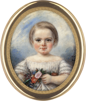 Lot 6552, Auction  122, Beudon, E., Miniatur Portrait eines blonden Kindes mit Blumen in der linken Hand